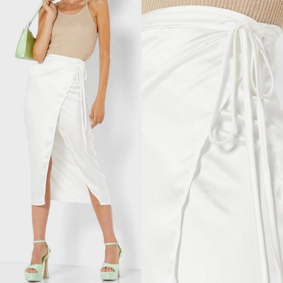 NEW Topshop Tie Detail High Waist Wrap Skirt White Size 10‎ Midi Length Satin - Picture 2 of 12